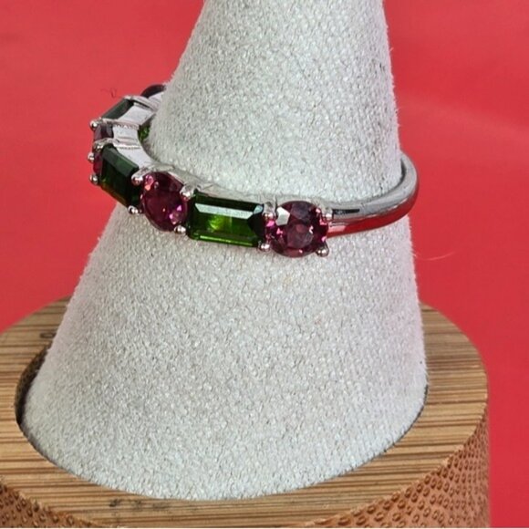 925 Sterling Silver Ring with Natural Chrome Diopside & Rhodolite Garnet Gems - Picture 3 of 7